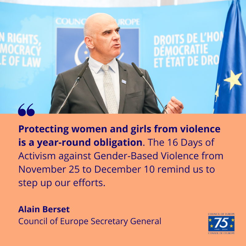 coe's tweet photo. Today we kick off the #16DaysOfActivism to end #ViolenceAgainstWomen.

Join us in raising awareness about women’s rights and the impact of the #IstanbulConvention. 

Together, we can make a difference!