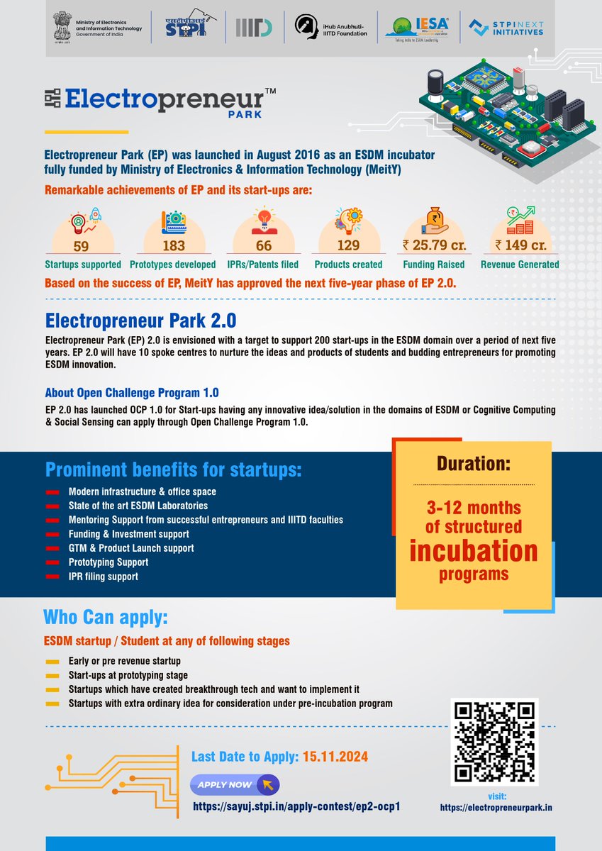 StpiEpDelhi's tweet photo. OCP Deadline Extended
The deadline for submitting proposals for STPI CoE Electropreneur Park 2.0 Delhi’s Open Challenge Program 1.0 has been extended

Inviting proposals from #ESDM #startups Don't miss the opportunity
@GoI_MeitY @arvindtw @guptaa_sanjay @startupindia @stpiindia https://t.co/goIEdpFbdC