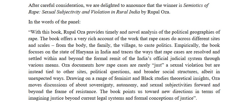 We are delighted to announce the Winner of the PolGRG  Book Award 2023-24: 

"Semiotics of Rape: Sexual Subjectivity and Violation in Rural India" by Rupal Oza.

Congratulations!! 🎉

More info here: polgrg.wordpress.com/2024/11/25/ann…