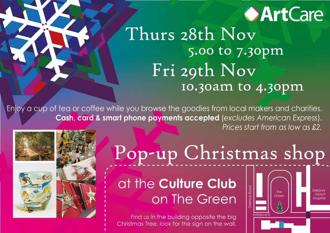 Save the date! our Christmas pop-up shop this Thursday 28th 5-7.30pm and Friday 29th 10.30-4.30pm <a href="/SalisburyNHS/">Salisbury Hospital</a> Enjoy a cup of tea or coffee while you browse the goodies from local makers and charities. Cash, card &amp; smart phone payments accepted. artcaresalisbury.uk/event/pop-up-c…