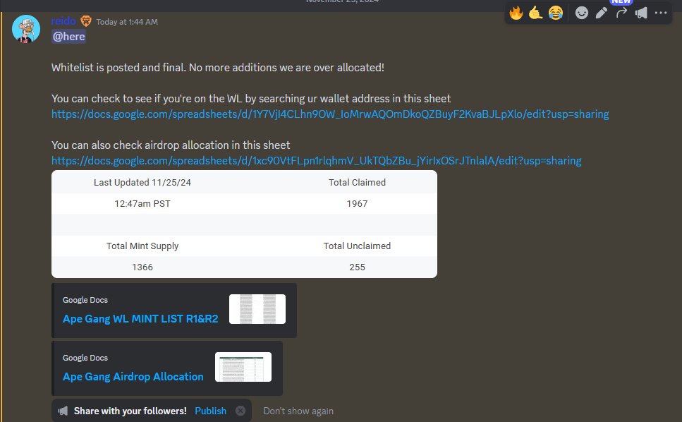 GN GANG 

Airdrop list - docs.google.com/spreadsheets/d…
Allowlist - docs.google.com/spreadsheets/d…