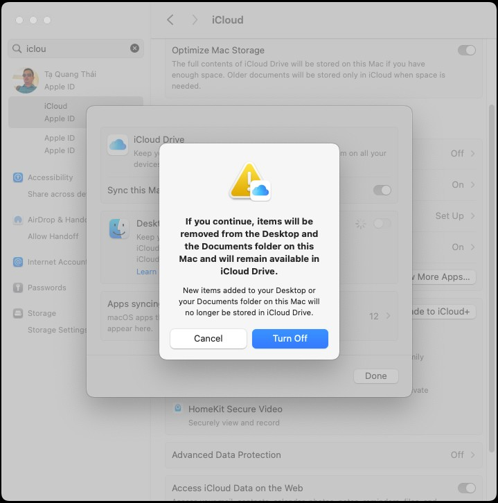 thaitq's tweet photo. Apple arrest my files!
Default MacOS sync my desktop files to iCloud. When I notice this action and turn it off, they said that will delete my Desktop file.
What's going on Apple? My files or your files? https://t.co/g821LtSPqA