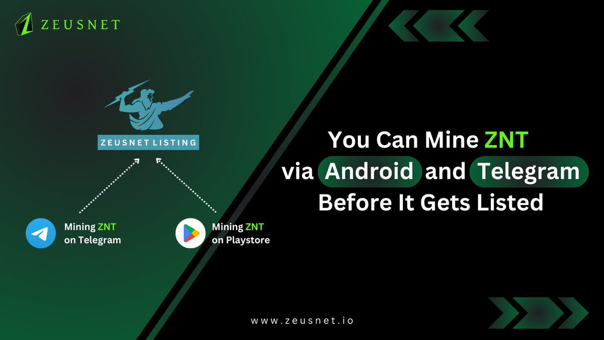 Great news for all ⛏️ Zeusnet miners! Now you can mine ZNT coins in two ways:

1️⃣ Mine using the Play Store app
Download here:
play.google.com/store/apps/det…

2️⃣ Mine through the Telegram bot
Access here:
t.me/zeusnet_app_bot

Start collecting ZNT coins now, as the listing time is