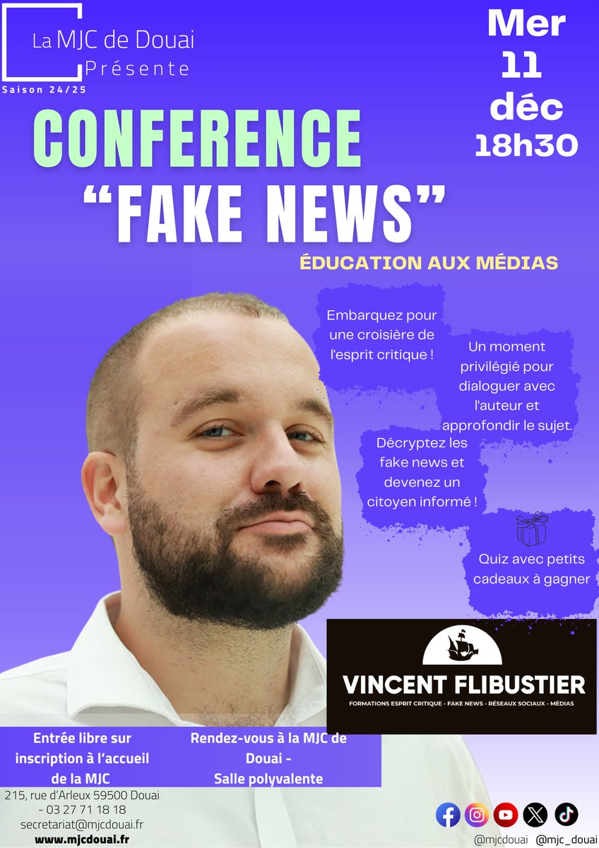 vinceflibustier's tweet photo. Coucou les gens, je serai le 11 décembre à 18H30 à Douai (C'est dans le Nord) pour... Parler des trucs habituels. (C'est à dire les recettes de tartes aux concombres etc)

Réservations et messages de harceleurs pour faire annuler l'événement ici: secretariat@mjcdouai.fr https://t.co/1vvjJ3rSO7