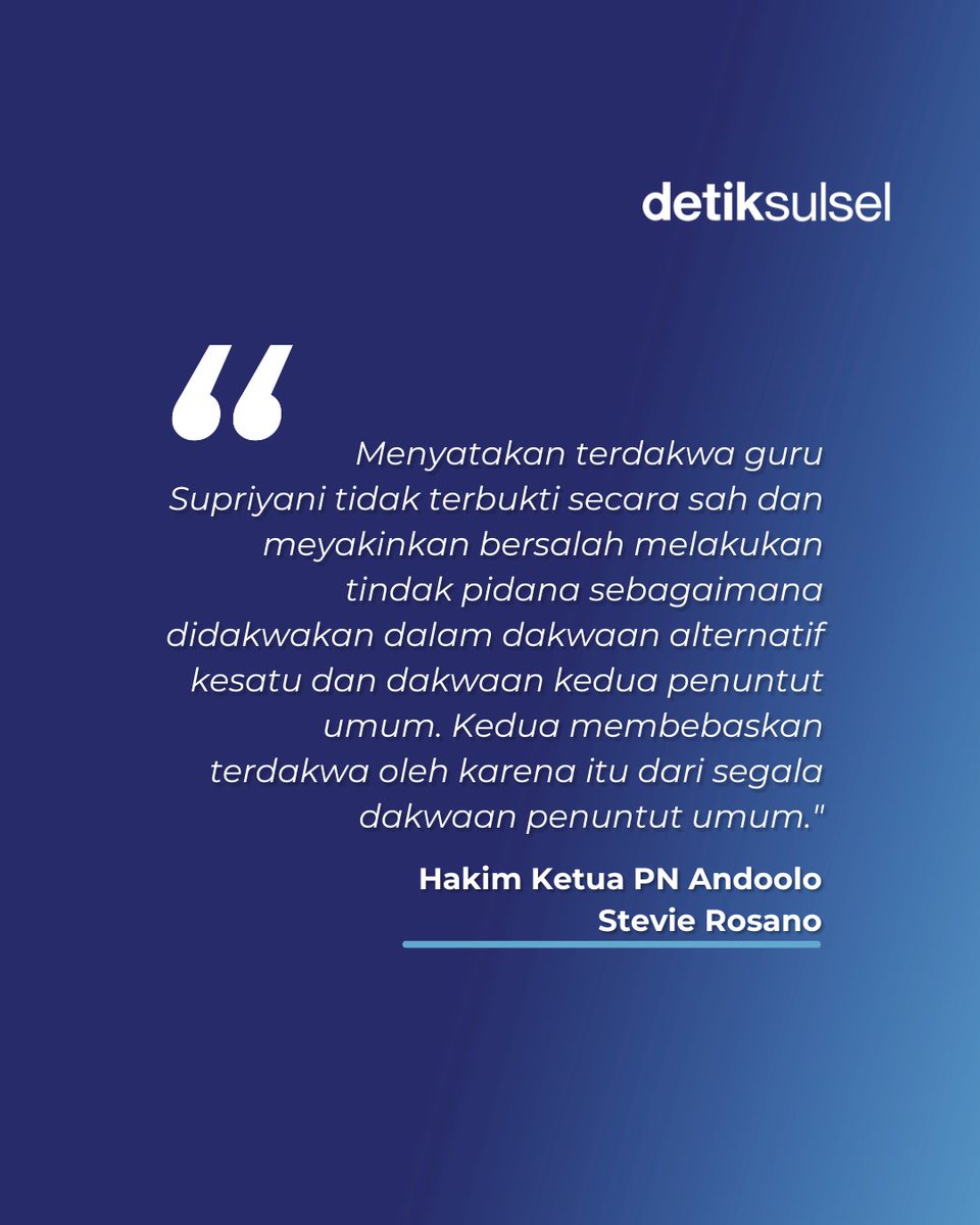 detiksulsel_'s tweet image. Guru Supriyani divonis bebas! 😍
Berikut putusan majelis hakim &amp;gt; dtk.id/NZPVYS 

#guruhonorer #gurusupriyani #gurukonawe #konaweselatan #pemkabkonaweselatan #pemkabkonsel #sultra #detikSulsel