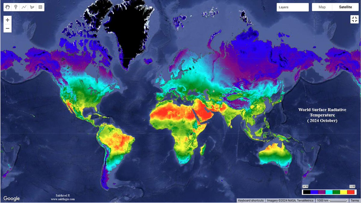 Day 25 of the #30DayMapChallenge: Heat

𝗠𝗮𝗽: 𝗪𝗼𝗿𝗹𝗱 𝗦𝘂𝗿𝗳𝗮𝗰𝗲 𝗥𝗮𝗱𝗶𝗮𝘁𝗶𝘃𝗲 𝗧𝗲𝗺𝗽𝗲𝗿𝗮𝘁𝘂𝗿𝗲 (𝗢𝗰𝘁𝗼𝗯𝗲𝗿 2024)

This map showcases the surface radiative temperature across the world for October 2024.
