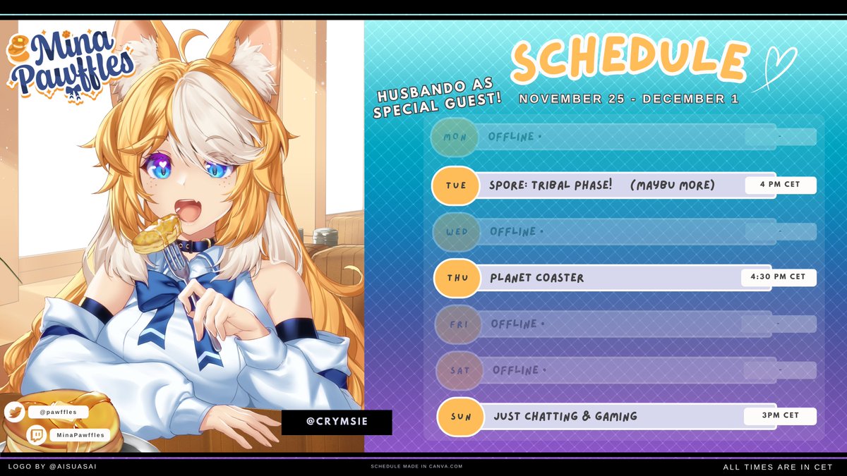 pawffles's tweet image. ✨ SCHEDULE  ✨
📅 Nov 25 - Dec 1

Mr. Husbando is staying longer to help me with things so we continue silly gaming this week! I am on medication as well so I apologize if I am not as bouncy as usual 🧡

────── ♡ ──────
🎨 /Crymsie