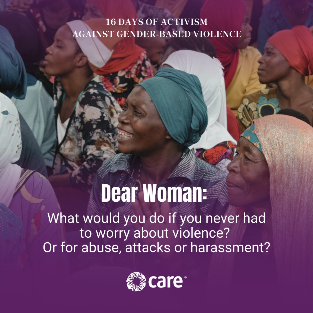CAREIntMalawi's tweet image. As we begin the #16DaysofActivism, CARE Malawi calls on everyone to take action and fight for a future where all women can live #WithoutFear.

Dear Woman: What would you do if you never had to worry about violence, abuse, attacks, or harassment? 

Reply to this post.
 #EndGBV