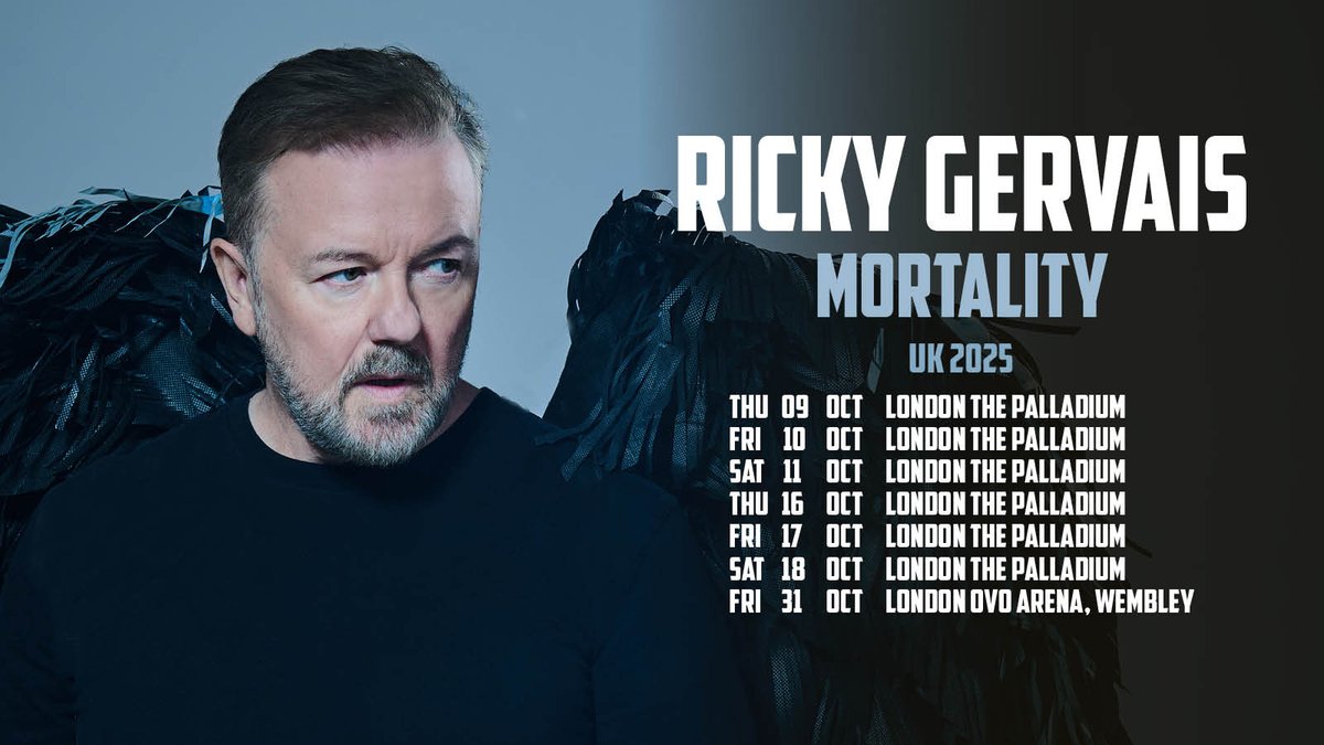 NEW: More dates have been added for <a href="/rickygervais/">Ricky Gervais</a> Mortality tour at <a href="/LondonPalladium/">The London Palladium</a> &amp; <a href="/OVOArena/">OVO Arena Wembley</a> next year 🤩
 
Secure tickets in our #LNpresale this Thursday at 10am 👉 livenation.uk/VfZi50UcvAu