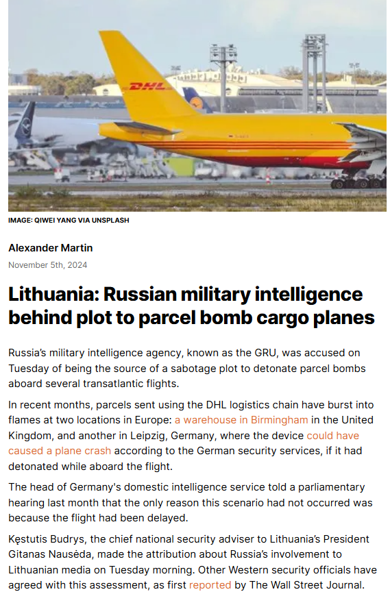 DHL's cargo plane crashed near the Vilnius airport in Lithuania early Monday morning. Previously intelligence services from multiple countries warned that Russia was plotting a terrorist attack on DHL planes. The current crash is still under investigation.