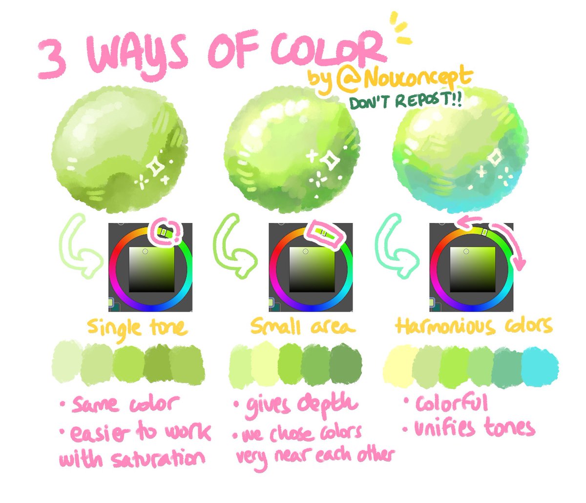 nouconcept's tweet image. It's my birthday so,,, as a present, I'll leave here all my drawing tutorials, silly tips and art resources made so far! ✨🩷🎂
🌈 Starting with color!