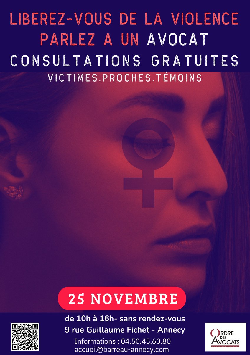Aujourd'hui , le barreau d’Annecy se mobilise lors de la journée internationale de la lutte contre les violences faites aux femmes. 
Les victimes, les témoins ou les proches trouveront une écoute et des conseils lors de consultations gratuites et confidentielles