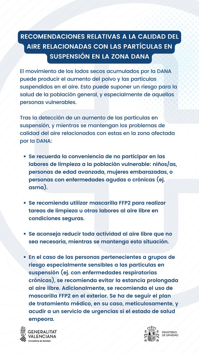 GVA112's tweet photo. 😷Si estás en las zonas afectadas por la #Dana sigue las recomendaciones de @GVAsanitat en relación a la calidad del aire relacionadas con las partículas en suspensión.

👇👇👇 https://t.co/MkWwtPZYwu