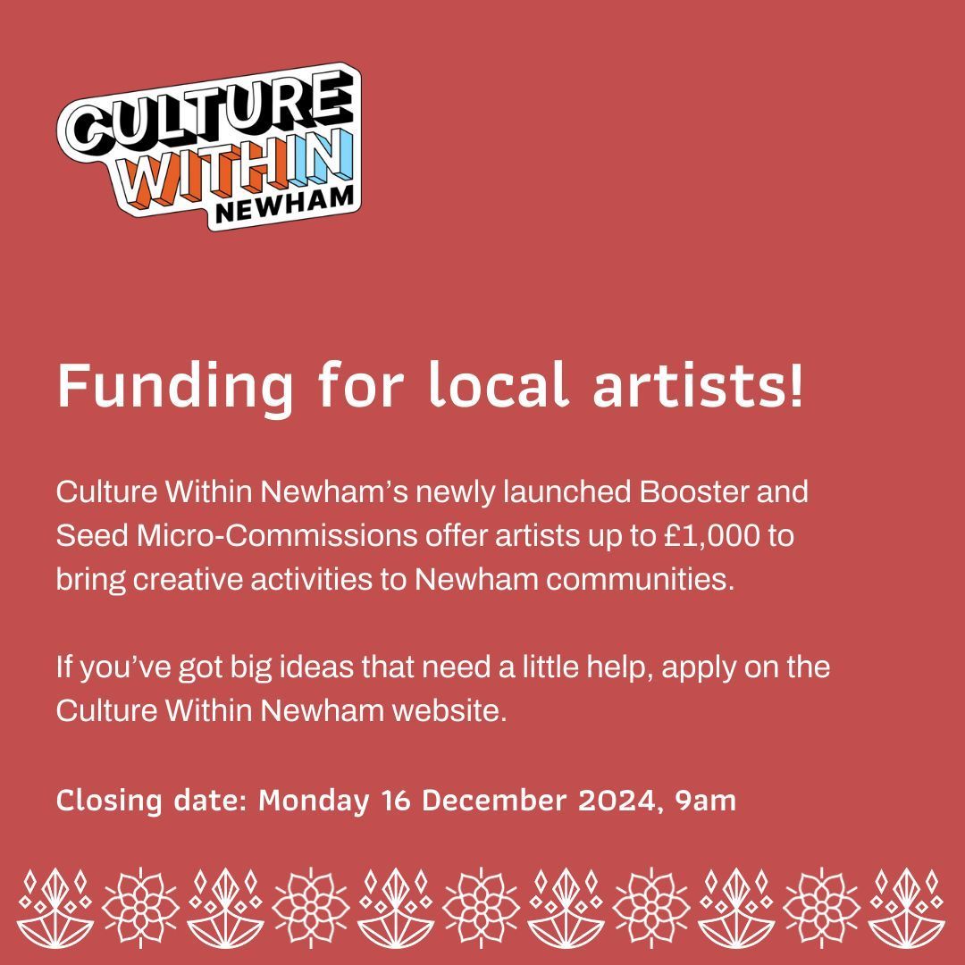 ⏰ We’re counting down! ⏰ Booster and Seed Commissions are available for artistic projects of all sizes. Apply now for a chance to fund your creative vision for Newham.

Submit your application by Mon 16 December, 2024. 

Learn more and apply here: buff.ly/40NUoin