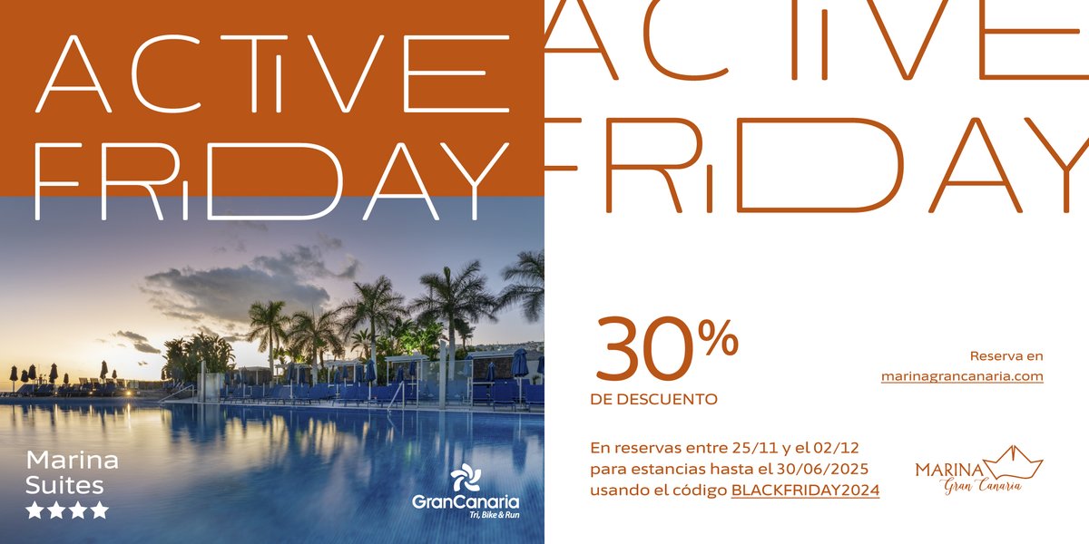gctribikerun's tweet photo. ¡Entrena con el #ActiveFriday! 🏃

Monta tu base de descanso y entrenamiento en #MarinaSuites con esta promoción y explora las posibilidades deportivas de la isla 🏊🚵

Reserva con el código 𝐁𝐋𝐀𝐂𝐊𝐅𝐑𝐈𝐃𝐀𝐘𝟐𝟎𝟐𝟒 👉 https://t.co/A5jnE93NYA

#GCTriBikeRun #GranCanaria https://t.co/9kr1Tka41M