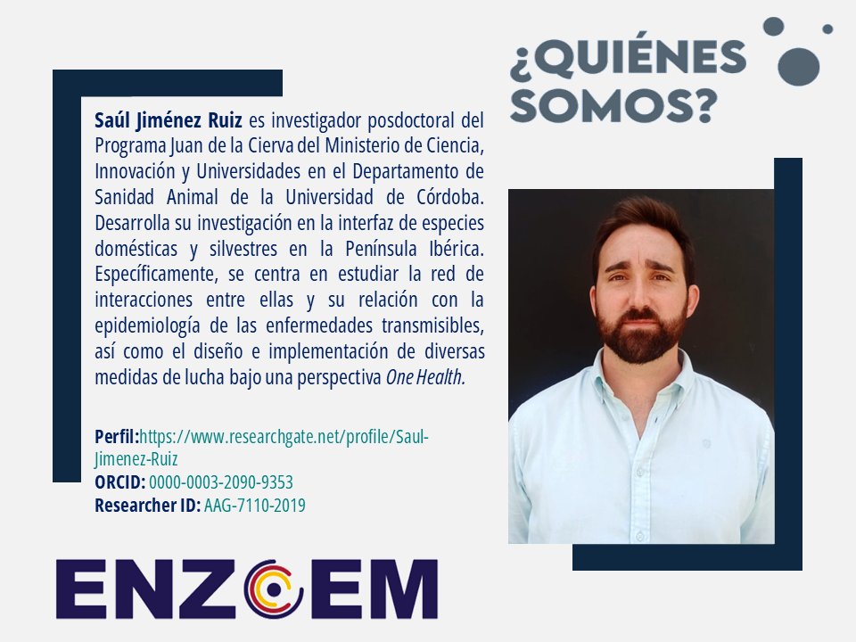 🔬🌟 Conoce a Saúl Jiménez Ruiz, un valioso miembro de ENZOEM dedicado a la investigación en la interfaz entre especies domésticas y silvestres en la Península Ibérica.

Saúl es investigador posdoctoral del Programa Juan de la Cierva y desarrolla su labor en el Departamento de +