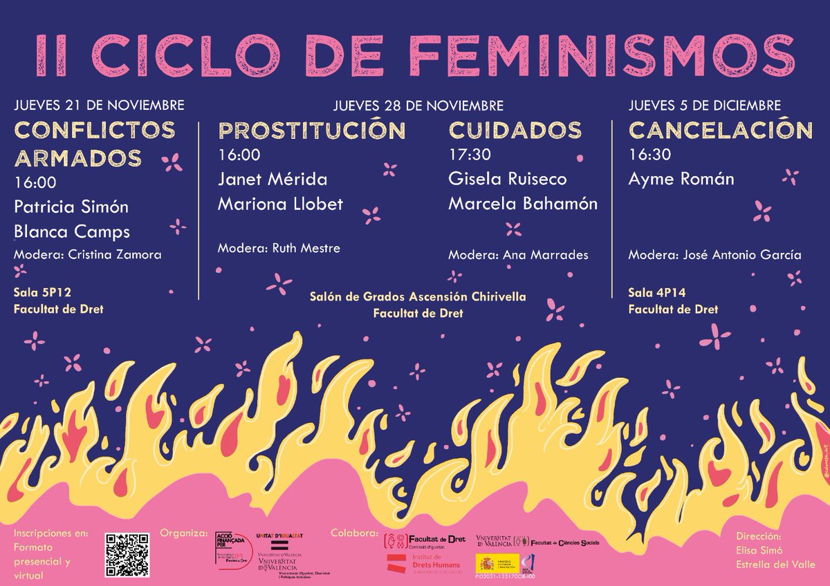 Próximo jueves 28 🔥

16h - Prostitución: 
Mariona Llobet. Profesora Derecho Penal (UPF)
Janet Mérida. Portavoz de Putas Libertarias del Raval

17:30 - Cuidados: 
Gisela Ruiseco. Psicóloga
Marcela Bahamón. Portavoz de AIPHYC

🔗 uv-es.zoom.us/j/95207944344?…