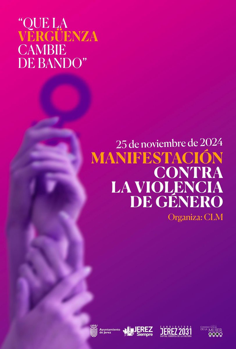 🟣 HOY  Manifestación contra la Violencia de Género organizada junto al Consejo Local de las #Mujeres. 

⏰ 17:00 h. Colocación “Pancarta contra las violencias machistas” 
⏰ 17:30 h. Manifestación desde C/Consistorio. 

#25n2024
#jerezcontralaviolenciadegenero