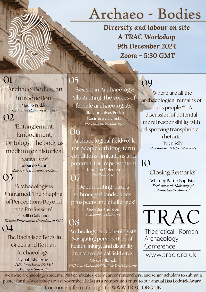 Register for Archaeo-Bodies workshop led by Dr Mauro Puddu

9th December 24

The bodies of archaeologists are essential to the life of archaeological sites

We will explore conditions under which archaeological sites are excavated, classified, politicised

ticketsource.co.uk/whats-on/onlin…