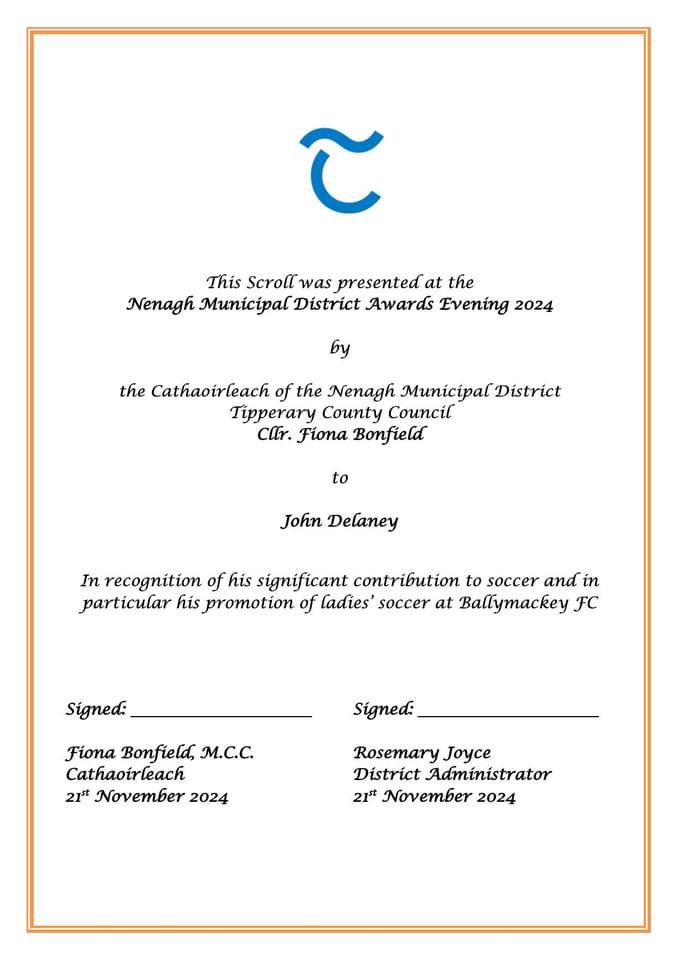 BallymackeyF's tweet photo. Congrats to Club member John Delaney who received an award at the Nenagh Municipal District Awards Evening in recognition of his significant contribution to Football  and specifically the promotion of Women and Girls Football at Ballymackey FC. https://t.co/mTBxQCTRho