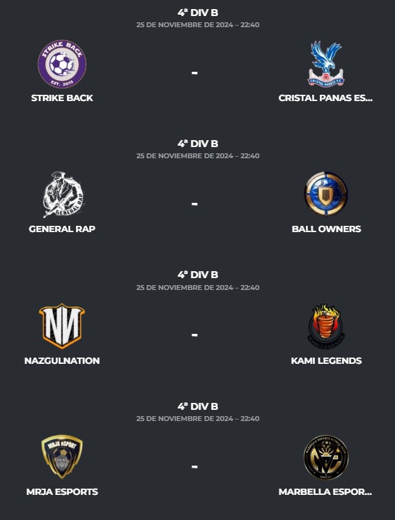 PLG_Spain's tweet photo. Jornada 9⃣ - 4ªB
@3KO_eSports - @laperlaturca77
@_Virus_Gaming - @IberiansGaming
@UltimateEsp17 - @FutbolLindoCF
@transformers_cf - @CMineraeSports
#StrikeBack - @CristalPanas
@generalrrap - @BallOwners2024
@NazgulNation - #KamiLegends
@MRJAeSport - @Marbella_FC_ https://t.co/9fUmY8sQk8