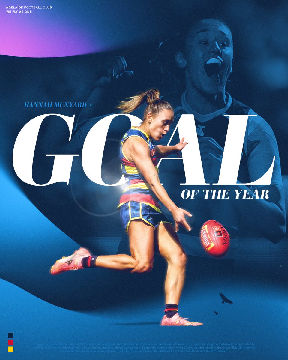CrowsAFLW's tweet photo. Money goes bang 🎯 Hannah Munyard is this year's Goal of the Year winner with her checkside against the Saints. https://t.co/TkpptMAey6