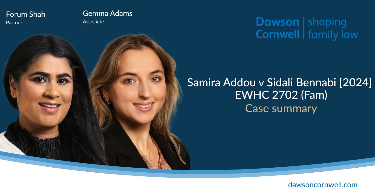 Partner Forum Shah and Associate Gemma Adams represented the mother in an application for committal of the father for breach of orders requiring him to return the parties’ child from Algeria to this jurisdiction.

Read their summary of the case here: bit.ly/3Od2f1D