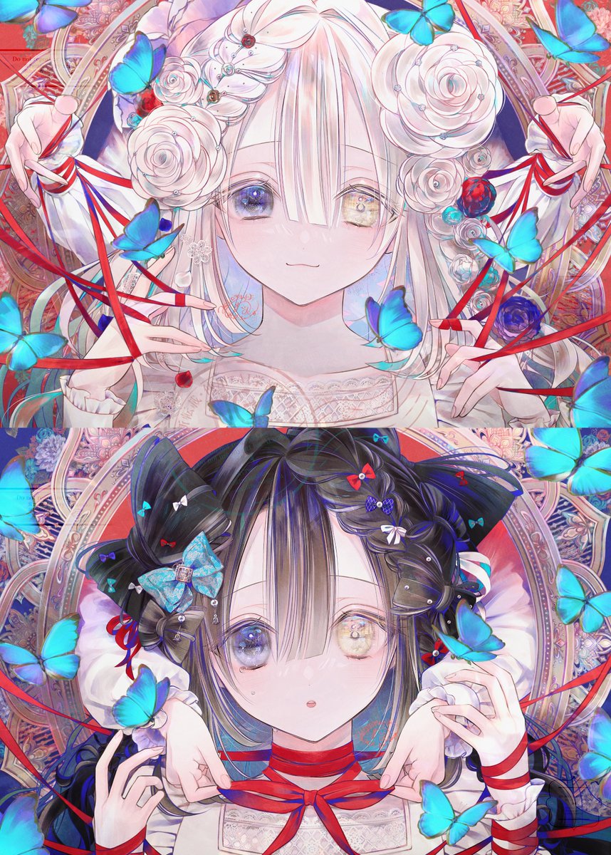 「#いい双子の日 花と蝶の戯れ 」|千葉めぐむのイラスト