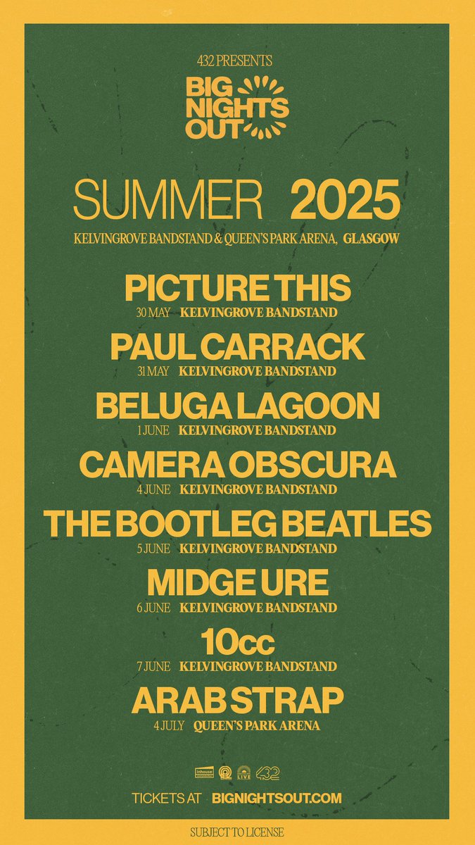 Kelvingrove Bandstand 01.06.2025

Presale - Wednesday 27th November 10am

On sale - Friday 29th November 10am

bignightsout.com