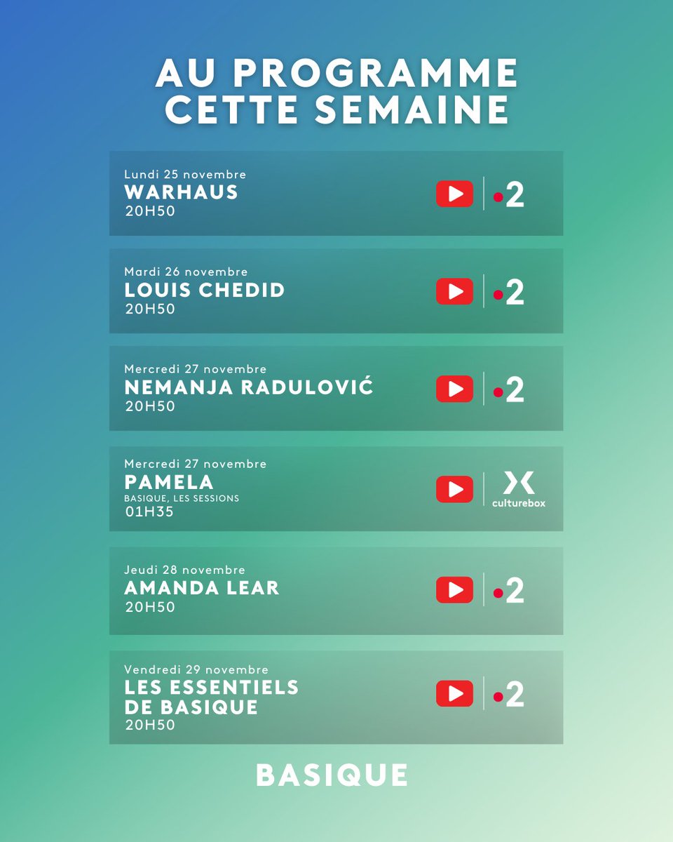 Basique - L’émission (@basiqueofficiel) on Twitter photo Cette semaine sur Basique 📆
🌞LA QUOTIDIENNE : avec <a href="/warhausmusic/">Warhaus</a>, <a href="/louischedid/">Louis Chedid</a>, <a href="/NemanjaRadulOFF/">Nemanja Radulović</a> et Amanda Lear
🎤 LA SESSION avec PAMELA
➡️ Mercredi à 1h35 sur <a href="/ftvculturebox/">francetv culturebox</a> / à 21h sur YouTube
🌈 VOS ESSENTIELS DU WEEK-END avec <a href="/mikasounds/">MIKA</a>, <a href="/TransMusicales/">Trans Musicales</a> et bien plus… Cette semaine sur Basique 📆
🌞LA QUOTIDIENNE : avec <a href="/warhausmusic/">Warhaus</a>, <a href="/louischedid/">Louis Chedid</a>, <a href="/NemanjaRadulOFF/">Nemanja Radulović</a> et Amanda Lear
🎤 LA SESSION avec PAMELA
➡️ Mercredi à 1h35 sur <a href="/ftvculturebox/">francetv culturebox</a> / à 21h sur YouTube
🌈 VOS ESSENTIELS DU WEEK-END avec <a href="/mikasounds/">MIKA</a>, <a href="/TransMusicales/">Trans Musicales</a> et bien plus…