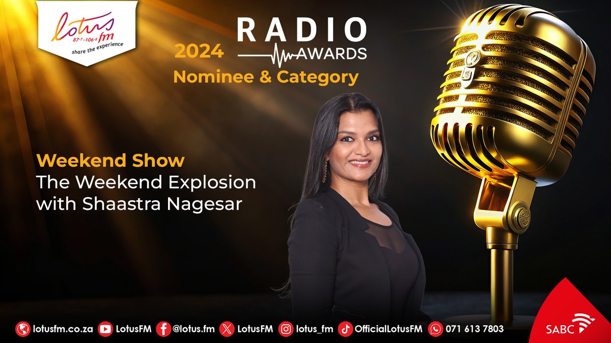 Two more of our Lotus FM Stars 🌟 have been nominated for the Weekend Shows Category for the 2024 Telkom Radio Awards:

Shaastra Nagesar for the Weekend Explosion
Nicholas Pillay for In The Mix

#LotusFM #ShareTheExperience #RadioAwards