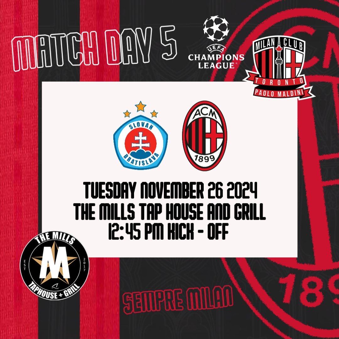 🎶 The....... @championsleague 🎶
This Tuesday!!!! @ The Mills Tap House 
1️⃣2️⃣:4️⃣5️⃣PM Kick-Off 
<a href="/acmilan/">AC Milan</a> In #UCL Action! 
🔴⚫🔴⚫🔴⚫🔴⚫🔴⚫🔴⚫

#SlovanMilan #ForzaMilan #SempreMilan #ACMilan