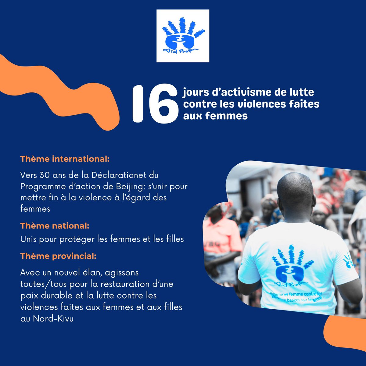 aidprofenasbl's tweet photo. 🗓️ Du 25 nov. au 10 déc

#RDC: En marge de #16JoursdActivisme #AIDPROFEN  lance une campagne de sensibilisation au travers plusieurs activités dans différents sites des déplacés pour lutter contre les violences faites aux femmes et aux filles. 

Au tour du thème provincial: « Avec un nouvel élan, agissons toutes/tous pour la restauration d’une paix durable et la lutte contre les violences faites aux femmes et aux filles au #Nord_Kivu ».

Suivez nos pages sur les réseaux sociaux pour ne rien manquer pendant cette campagne.

Unissons-nous pour protéger les femmes et les filles.

#16JoursdActivisme 
#UnissonsNousEtAgissons 
#OrangezLeMonde
