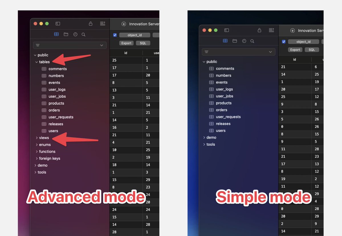 TablePlus's tweet image. New sidebar with two modes:
- Simple mode: Current TablePlus mode.
- Advanced mode: Full tree view with separate sections.
