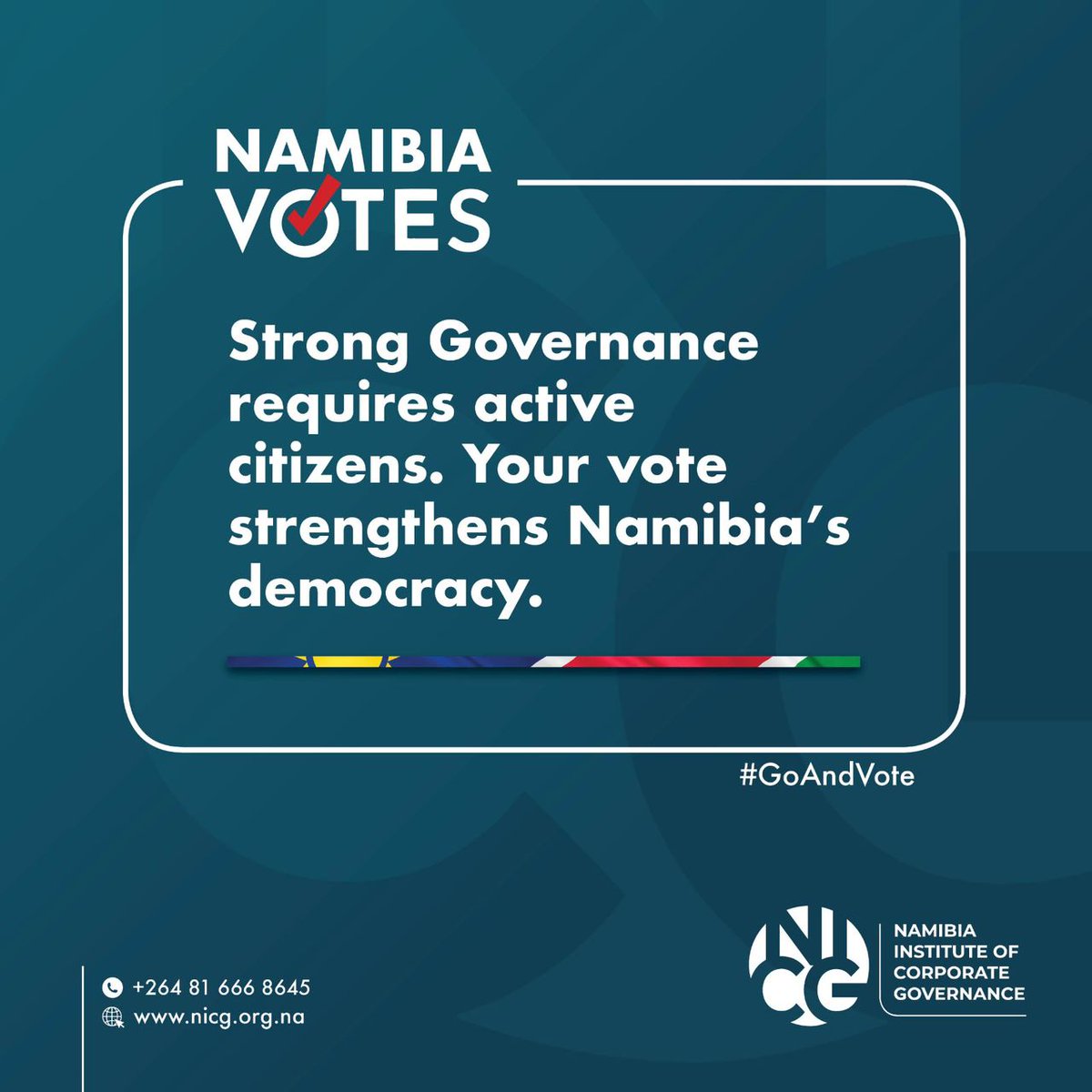 Elections are in two days! 

As citizens, we hold the power to shape the future of our nation through the simple yet impactful act of voting. Strong governance depends on active citizen participation, and your vote plays a vital role in strengthening Namibia’s democracy.