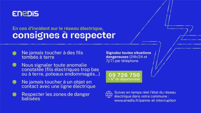 Face aux fortes rafales de vent prévues, ces prochaines heures
@enedis_rhod
vous rappelle les consignes à respecter en cas d’accident sur le réseau. Prudence aux abords du réseau électrique !