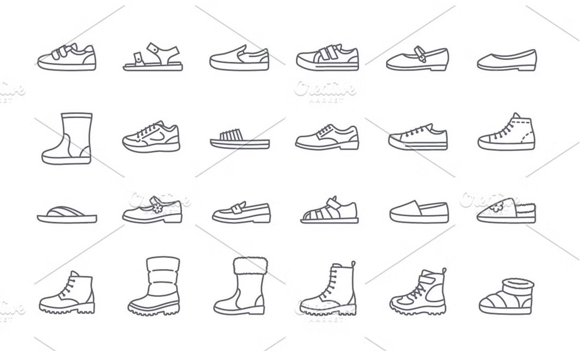 vectorikart's tweet photo. Kids shoes icons. Basic types of footwear for children. Sneakers, sandals, boots, ballet flats, loafers, slippers. Simple thin line symbols for kids clothing shop. Side view pictograms, isolated. https://t.co/Dd3AX0mVK0 https://t.co/VdAf0yTsyq