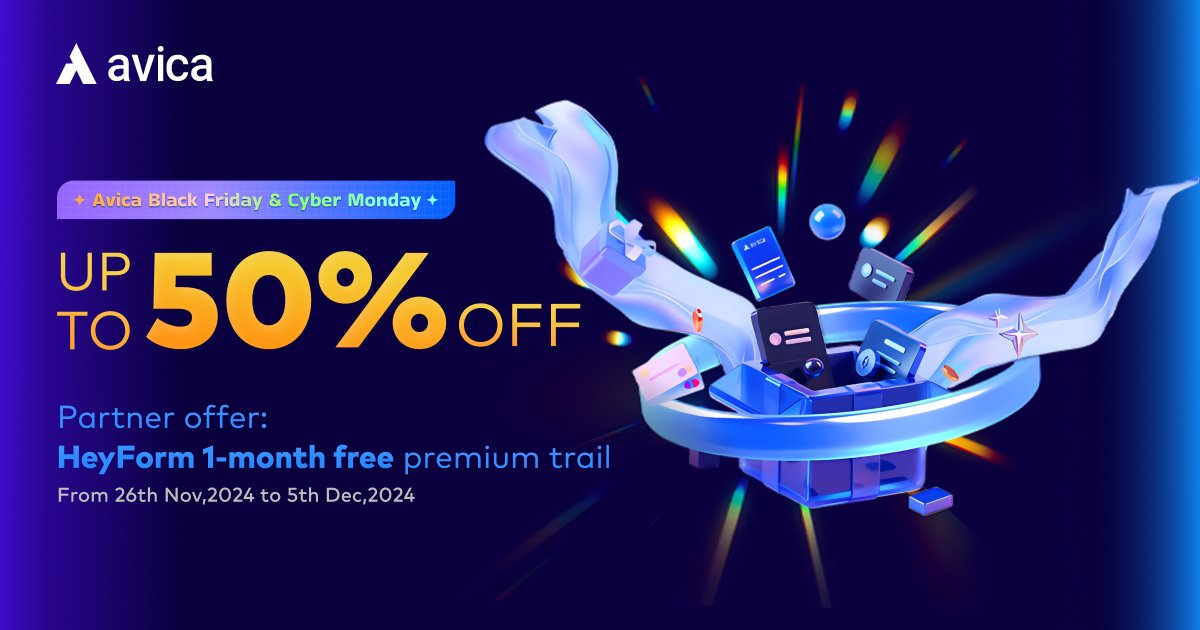 AvicaSoftware's tweet photo. 💥Avica Black Friday ＆ Cyber Monday Sale Alter!
Up to 30% OFF Avica Personal: https://t.co/2LVce5SRIE
50% OFF Avica Business: https://t.co/83XGdO3X9N
🎁As a special treat this biggest sale, we're offering HeyForm 1-month Free Premium Trail. https://t.co/ULjjxIZAti