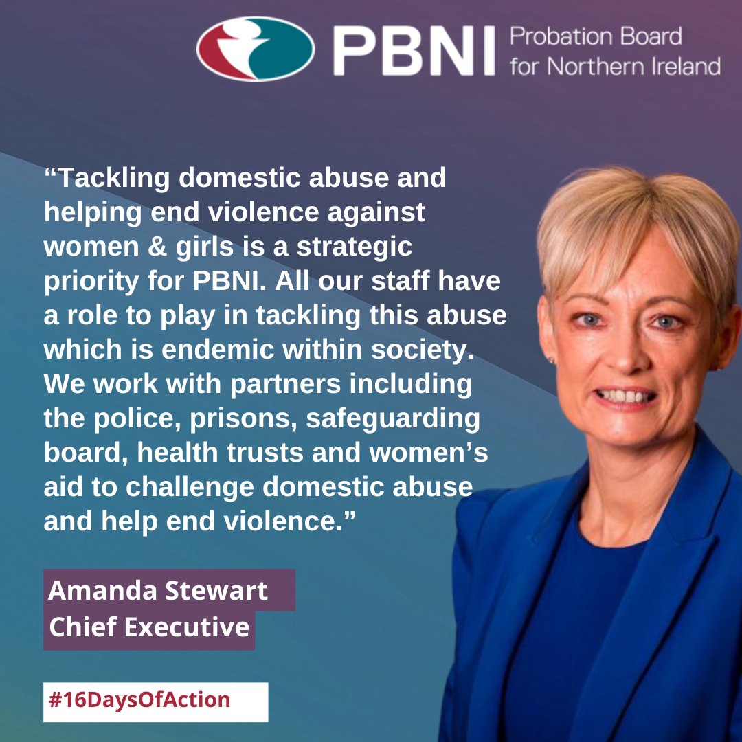 PBNINews's tweet photo. CEO Amanda Stewart highlights the work we do strategically & at an operational level to tackle domestic abuse to change lives for safer communities. Probation is proud to support the #16DaysOfActionNI initiative. https://t.co/xo0fdKLlAl