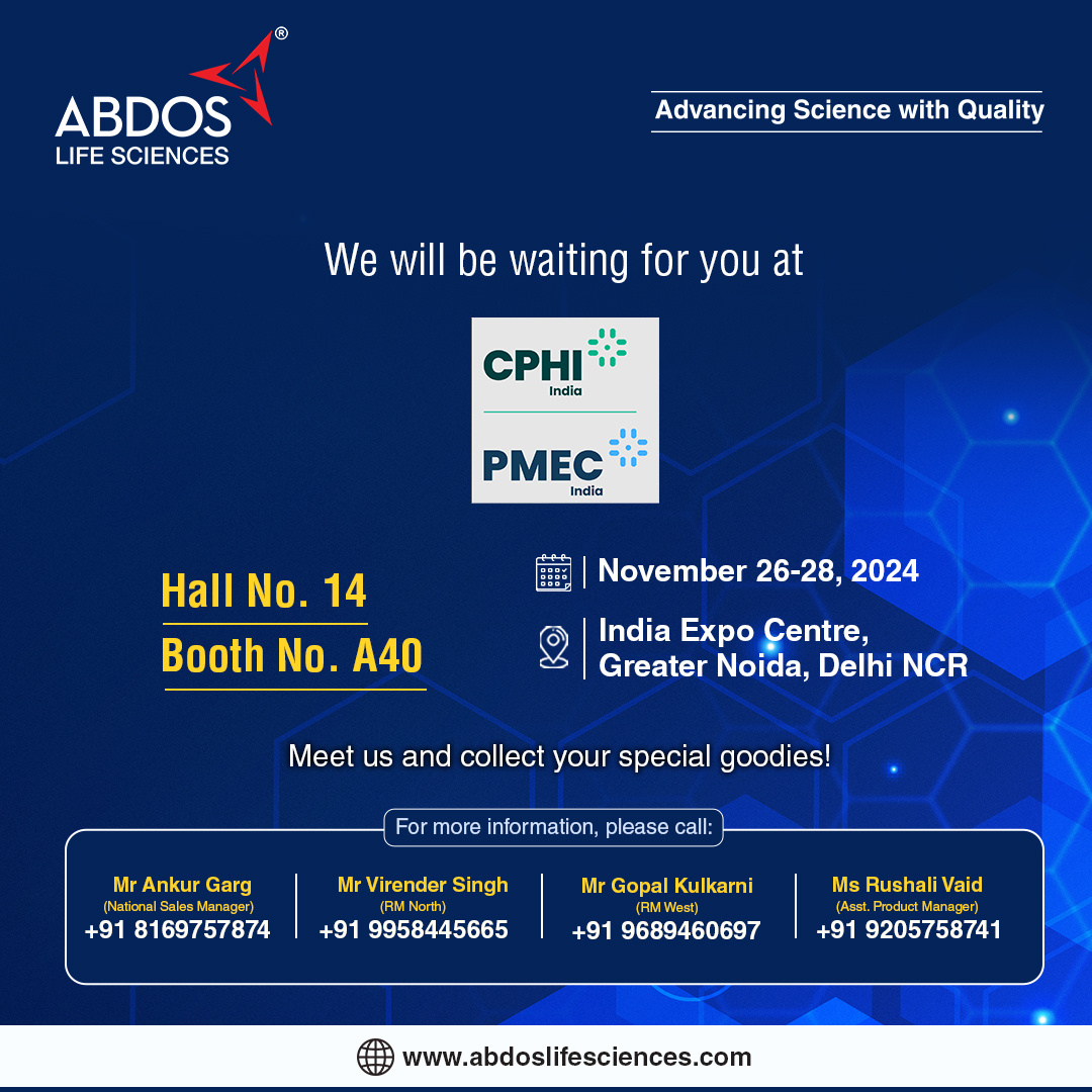 AbdosLabtech's tweet image. Meet #AbdosLifeSciences team at CPHI Greater Noida and get an exclusive opportunity to witness a wide range of world-class plastic labware products.

🗓️Nov 26-28, 2024
Hall No. 14 | Booth No. A40
📍 India Expo Centre, Greater Noida, India
#LabEssentials #GreaterNoida #CPHI2024