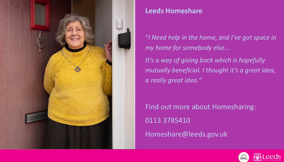 Leeds Homeshare (@lcchomeshare) on Twitter photo Thoughts on Homesharing from a Leeds Householder:
"I need help in the home, and I've got space in my home...
It's a way of giving back which is hopefully mutually beneficial. I thought it's a great idea".
Find out more leeds.gov.uk/homeshare
<a href="/Homeshare_UK/">Homeshare UK</a> Thoughts on Homesharing from a Leeds Householder:
"I need help in the home, and I've got space in my home...
It's a way of giving back which is hopefully mutually beneficial. I thought it's a great idea".
Find out more leeds.gov.uk/homeshare
<a href="/Homeshare_UK/">Homeshare UK</a>