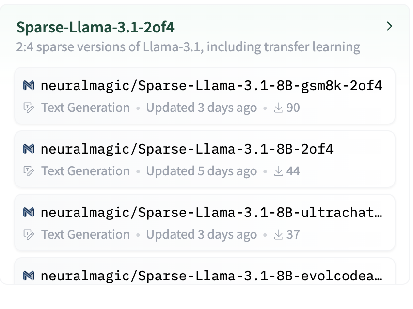 _EldarKurtic's tweet image. 2:4 Sparsity + @AIatMeta Llama-3.1: At @neuralmagic,  we&apos;ve developed a recipe to produce very competitive sparse LLMs, and we are starting by open-sourcing the first one: Sparse-Llama-3.1-8B-2of4. We also show how to leverage it for blazingly fast inference in @vllm_project.