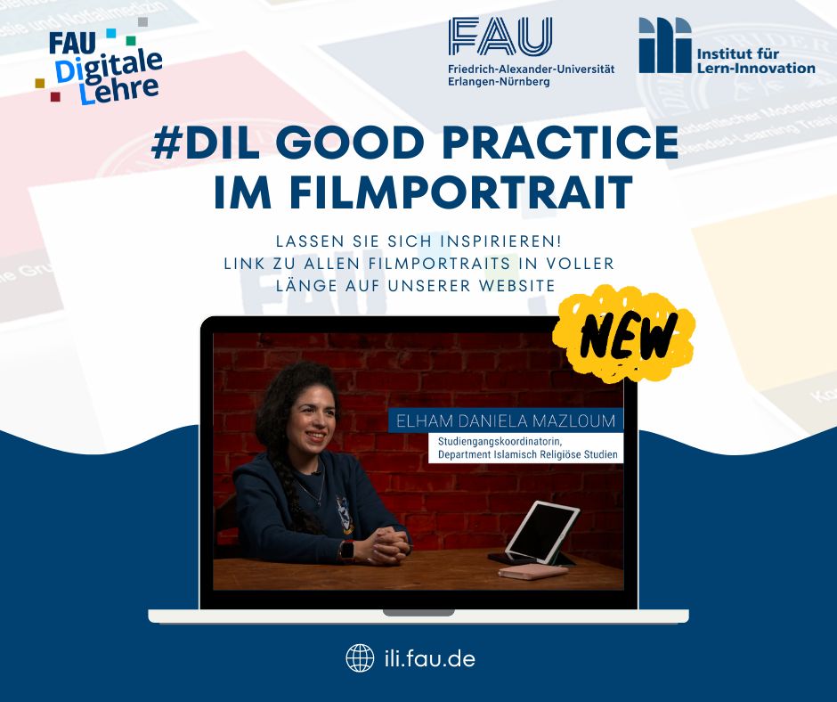 🚀 Suchen Sie Inspirationen für Ihre Digitale Lehre? 

[DiL] Good Practice im Filmportrait *Neues Video online* <a href="/UniFAU/">FAU Erlangen-Nbg</a> 

🎬Elham Daniela Mazloum, Studiengangskoordinatorin am Department Islamisch-Religiöse Studien 
🔗 digitale-lehre.fau.de/digital-lehren…