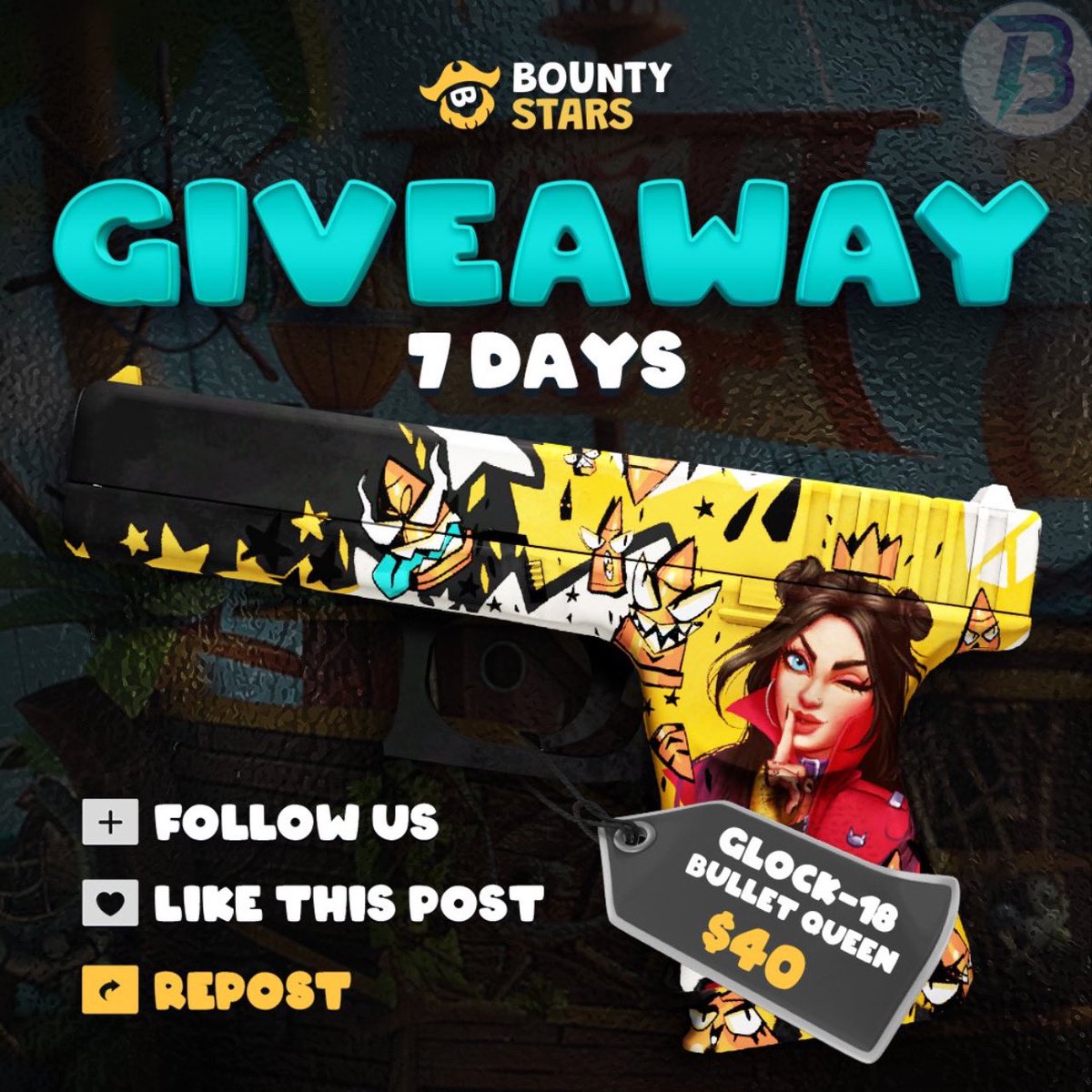 bugucsgo's tweet photo. 🎁GLOCK-18 | BULLET QUEEN ($40)

👉TO ENTER :

✅Follow me &amp; @bounty_stars 
✅Retweet + Like
✅Tag 1 Friend

📅Giveaway ends in 5 days!  

#CSGOGiveaway #cs2giveaway #cs2 https://t.co/yBMt8mDXlL