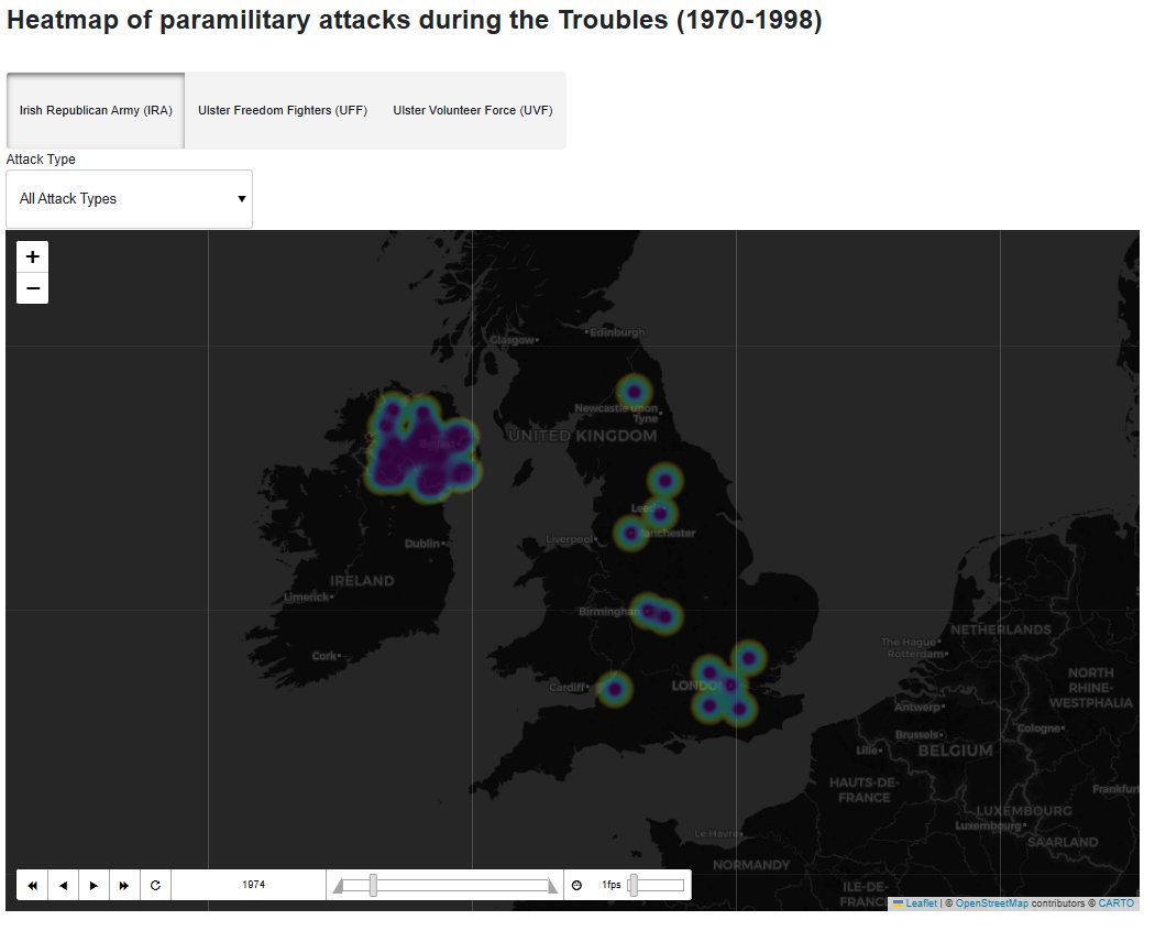 🌍 #30DayMapChallenge 🗺️
Day 25: Heat
Giada Garofani has created a dashboard with a heatmap showing paramiltary attacks during the Troubles (1970-1998). Find and download the interactive dashboard here: github.com/ggrems/30daysm…