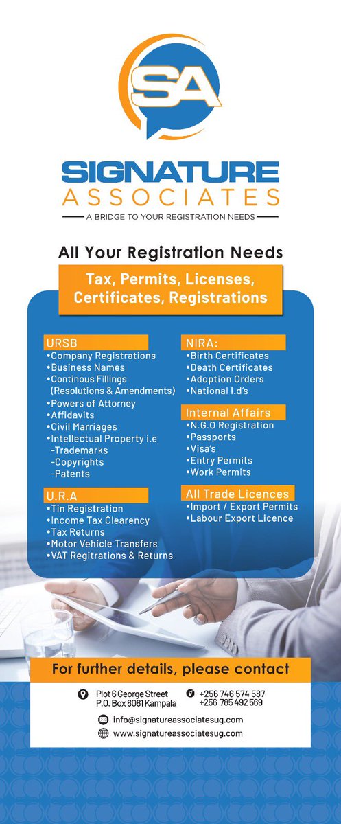 RakelMukisa's tweet photo. @signassociates got you covered for all your registration needs such URSB, U.R.A, NIRA, Internal Affairs, and All Trade Licences as seen in the flyer below.
Contact them on: 0746574587/0785492569 https://t.co/ndBIqn9lAP