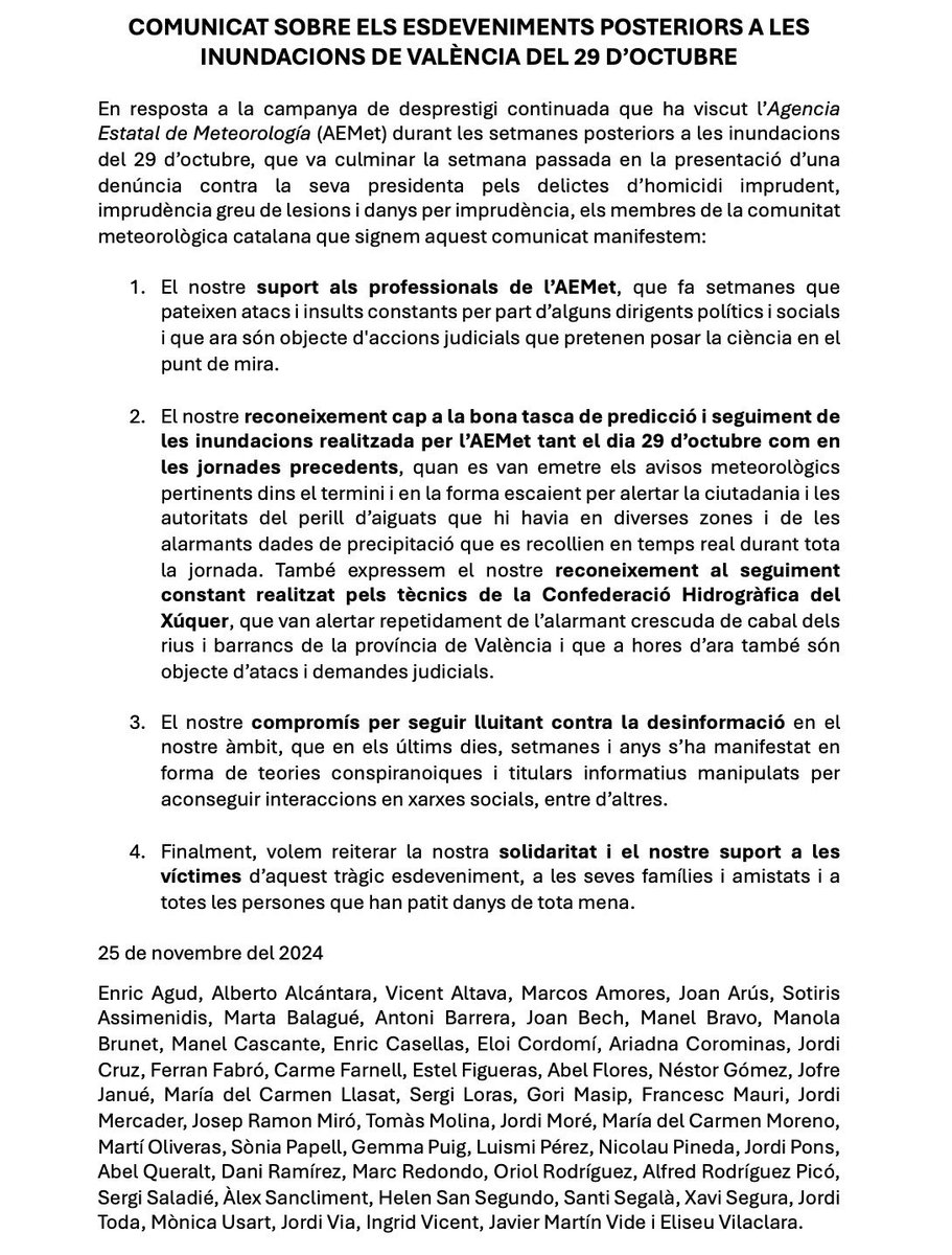 Un grup de meteoròlegs i dones i homes del temps catalans signem avui aquest manifest per donar el nostre suport a la tasca de l'<a href="/AEMET_Esp/">AEMET</a> i mostrar el nostre rebuig a la desinformació i a la persecució política i judicial que pateixen des de fa un mes: