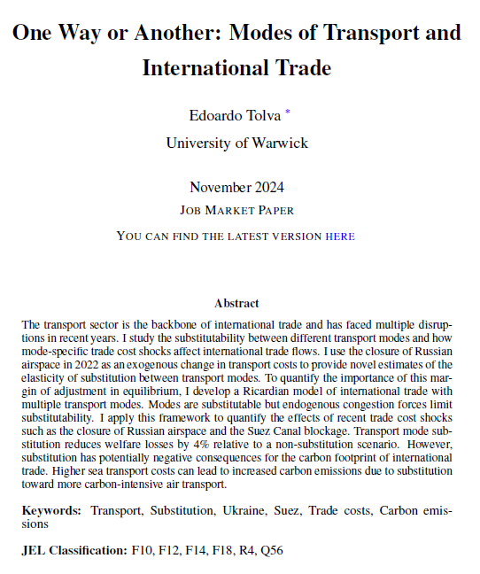 EdoardoTolva's tweet photo. 🚨 Job Market Paper Alert! 🚨 🛫 🚢
How do countries adapt when certain transport modes become more expensive? My job market paper investigates how nations substitute between air and sea transport to mitigate the effects of transport cost shocks. #econtwitter 1/9 https://t.co/Ds3PonB6su