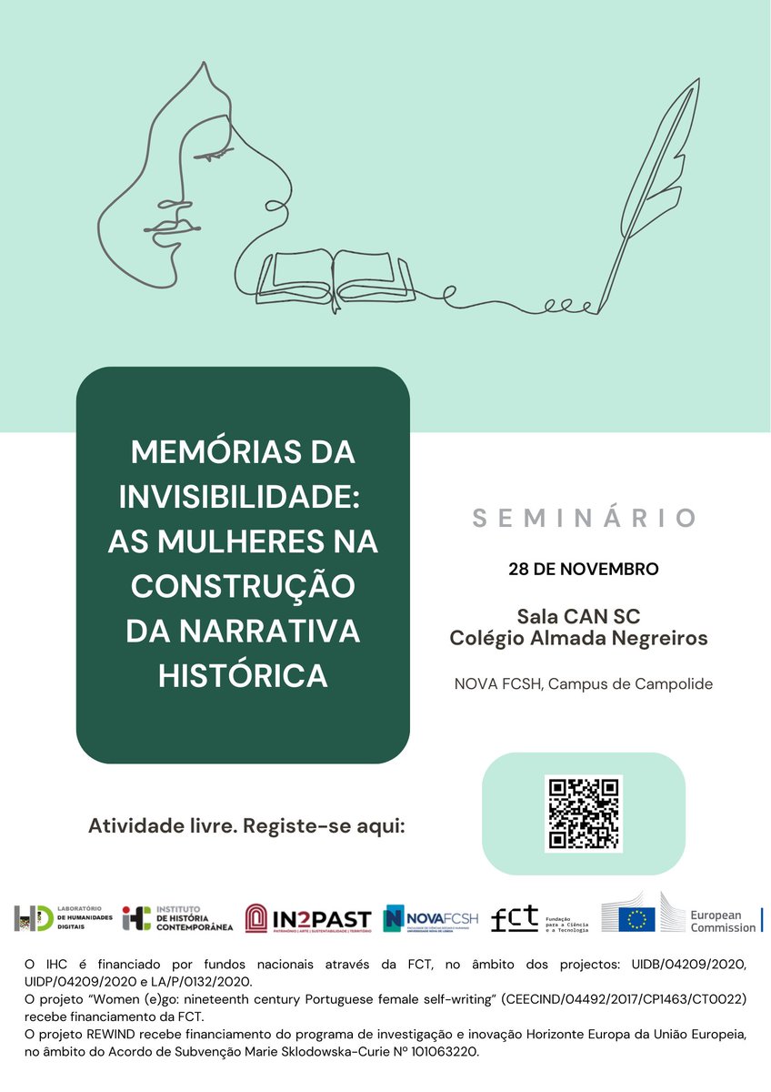 Laboratório de Humanidades Digitais (Lab_HDig) (@lab_hdig) on Twitter photo Na próxima quinta-feira, dedicaremos o dia às "Memórias da Invisibilidade: as mulheres na construção da narrativa histórica", num seminário que terá lugar no Colégio Almada Negreiros, na <a href="/nova_fcsh/">NOVA FCSH</a>. 
A entrada livre, mas o registo obrigatório: forms.gle/WR1JNfW1uEbaZL… Na próxima quinta-feira, dedicaremos o dia às "Memórias da Invisibilidade: as mulheres na construção da narrativa histórica", num seminário que terá lugar no Colégio Almada Negreiros, na <a href="/nova_fcsh/">NOVA FCSH</a>. 
A entrada livre, mas o registo obrigatório: forms.gle/WR1JNfW1uEbaZL…