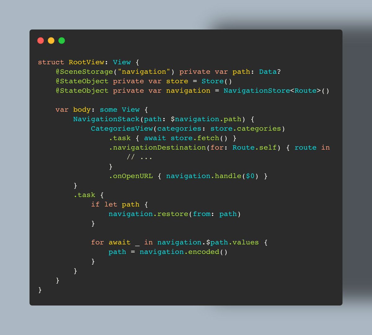 We always want to provide a great user experience in our apps. State restoration is the key feature to implement a fluid user experience. SwiftUI provides us with the SceneStorage property wrapper to implement it quickly without many lines of code. 
buff.ly/3uXuzuT